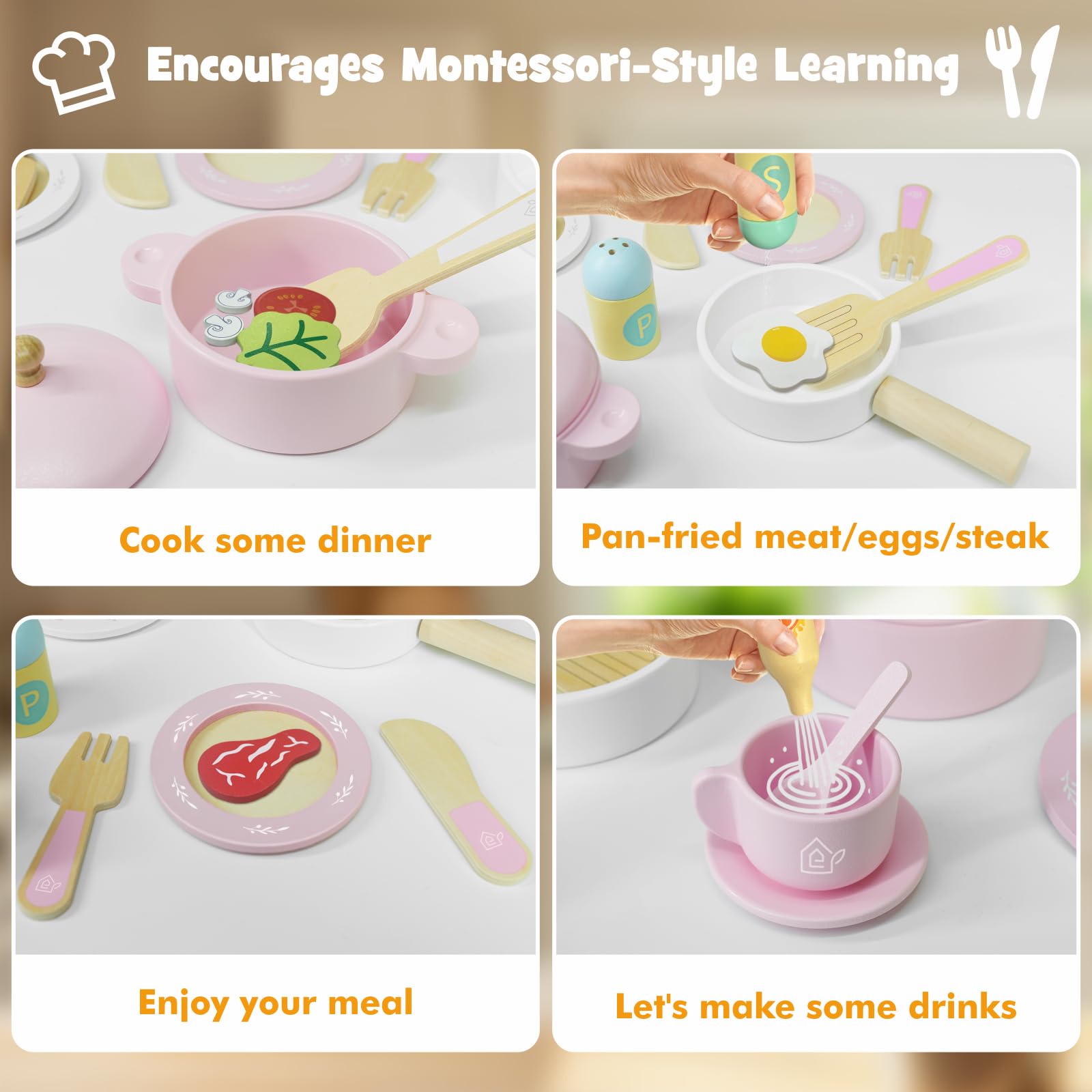 SimpliPlay Wooden Toy Plates and Dishes for Kitchen Set 30PCS Montessori Play Kitchen Accessories for Toddlers with Toy Pots and Pans Wooden Play Cooking Set for 3-8 Years Girls & Boys - Image 3