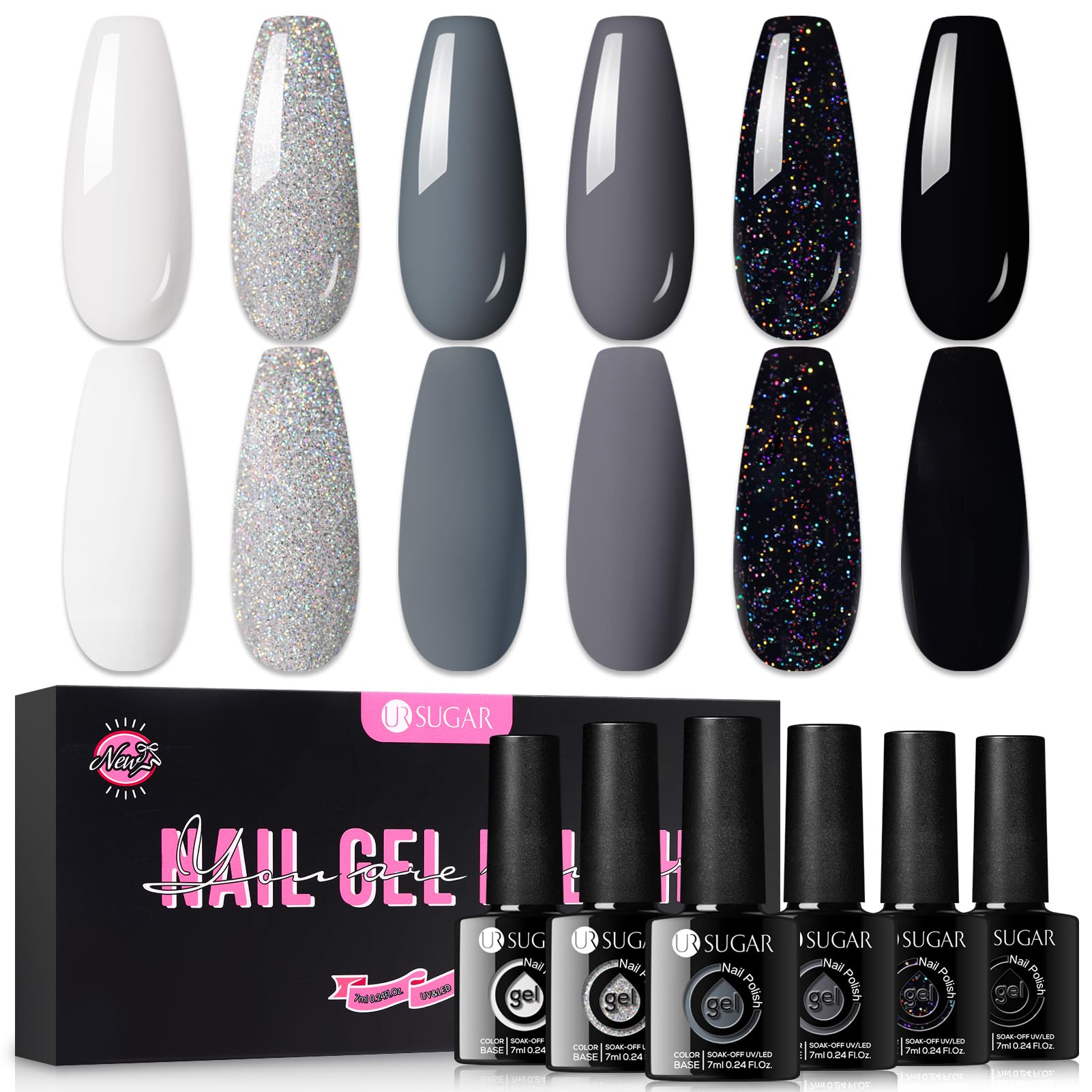 UR SUGAR Black White Gel Nail Polish Set, 6 Colors Black White Grey Gel Polish Black Glitter Sliver Glitter Nail Polish Set for All Seasons Soak Off Gel Nail Manicure Gifts Set for Women