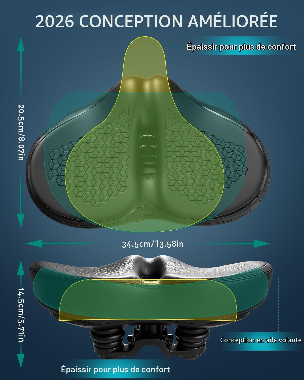 Noseless Siège de vélo surdimensionné pour homme et femme, confortable, extra large, rembourré, selle de vélo confortable pour peloton, vélo d'appartement, de plage, VTT, vélo électrique