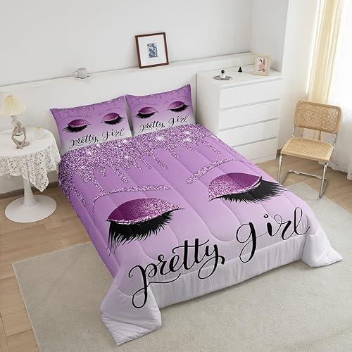 Miniatura 8 de Erosebridal Juego de edredón de unicornio de pestañas, tamaño Queen, juego de ropa de cama estética de pestañas para adolescentes, niñas y mujeres,