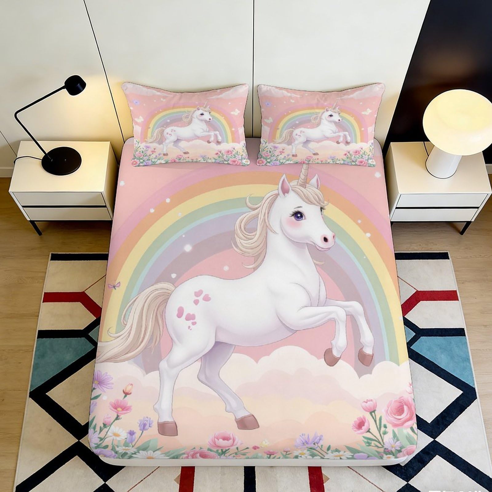 Pnayamiorkfel Style-7 3D Printed Unicorn Rainbow Fitted Sheet Microfiber Soft Pink Pastel Bed Cover For Bedroom Guest Room Mattress Decor 90X200x25cm