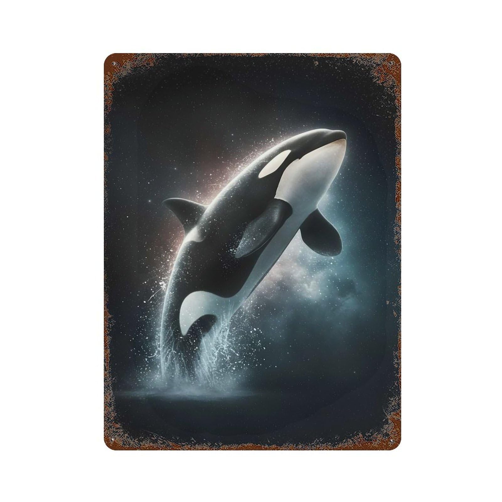Leaping Orca in Starry Night Distressed Metal Wall Sign 15.7"x11.8", Ideal for Garage, Bar And Workshop Decor