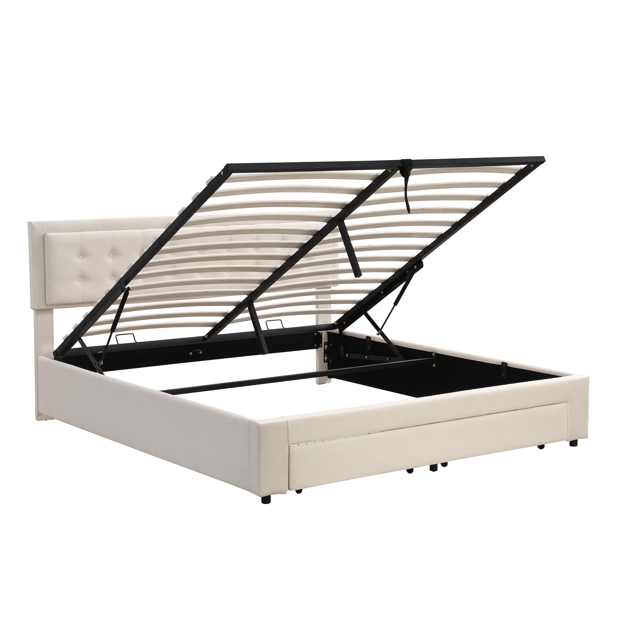 Merax Polsterbett 180 x 200 cm mit Schubladen, Hydraulisch Funktionsbett mit Lattenrost & Verstellbares Kopfteil, Stauraumbett für Erwachsene & Jugend, Samtstoff, Beige (Ohne Matratze)