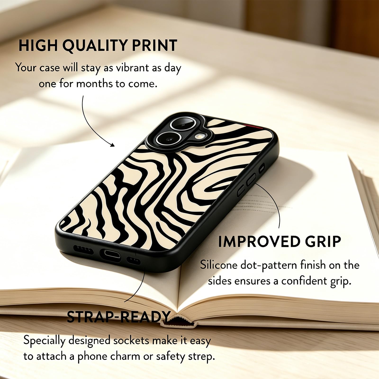 Custodia magnetica per iPhone, compatibile con ricarica wireless, resistente ai graffi e durevole, per l'uso quotidiano, protezione sottile e leggera, design creativo (strisce zebrate, iPhone 17)