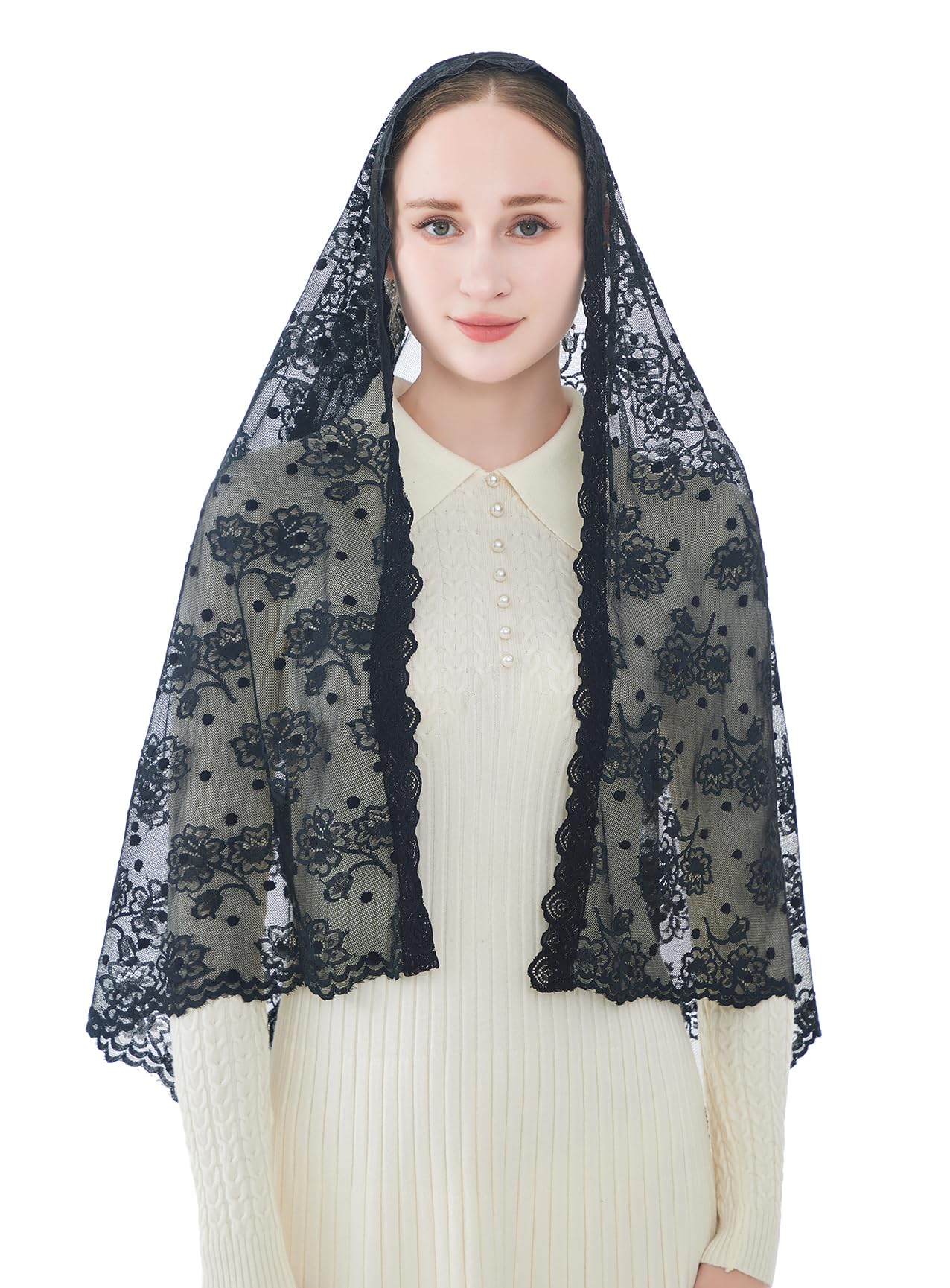 Wgior Catholic Chapel Veil – Floral Mantilla Head Covering for Church, Prayer, and Modesty – Soft Rectangular Shawl