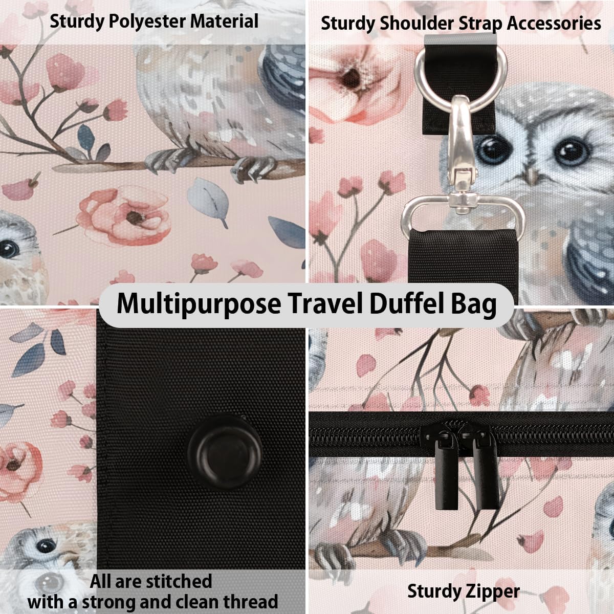 Flower Owl Watercolour Travel Duffel Bag for Women Men Large Capacity Overnight Weekender Bags for Lightweight Waterproof Sport Gym Bag for Workout Yoga Swim