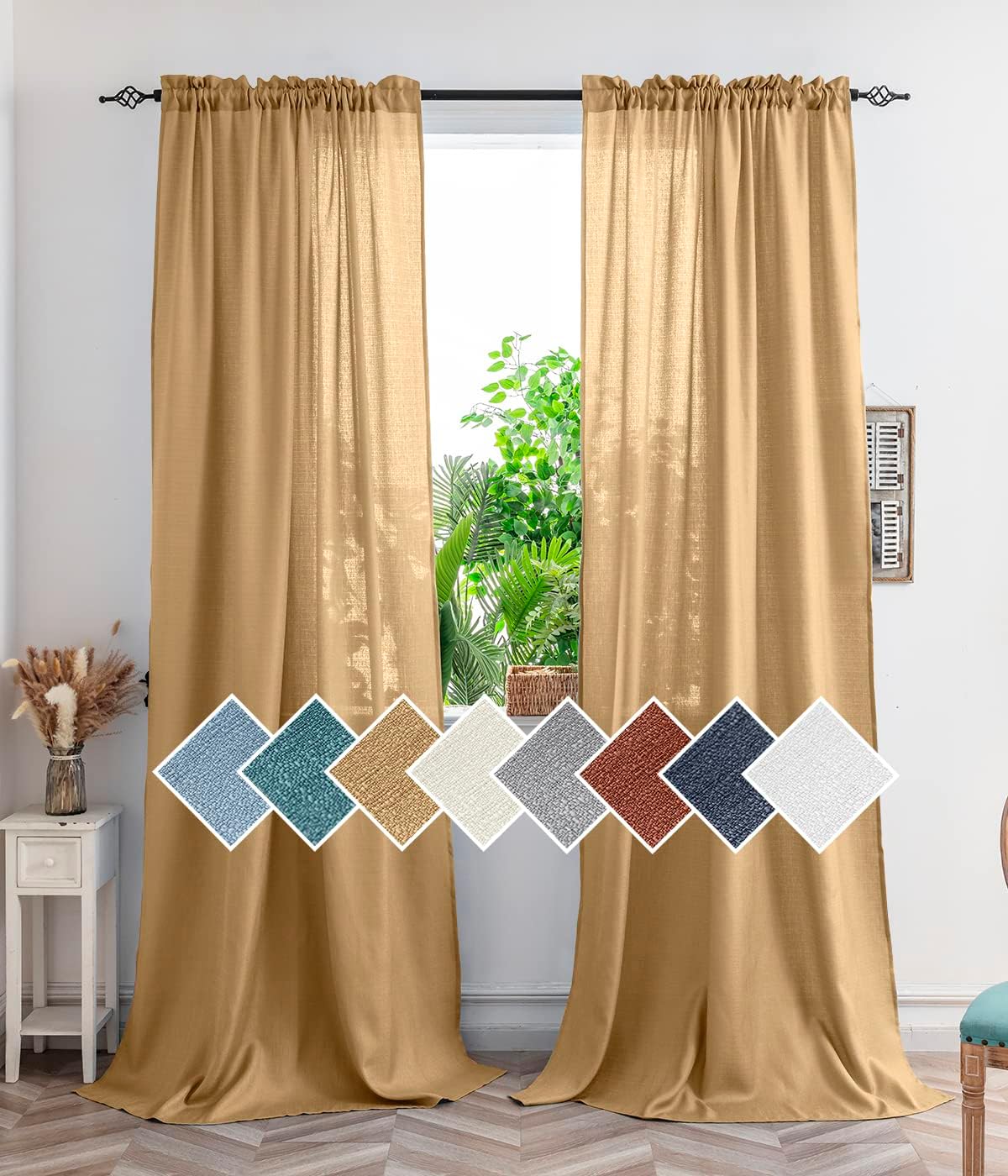 Yancorp Khaki Curtains 63 Inch Length for Living Room 2 Panels Linen Textured Sheer