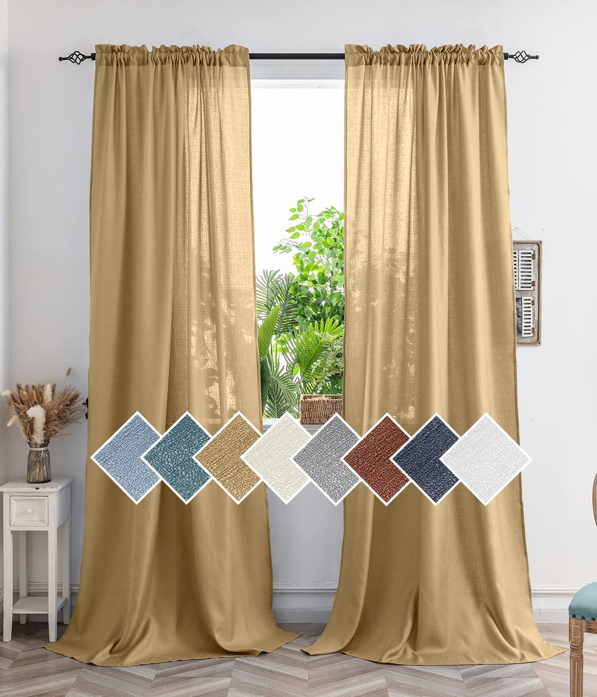 Yancorp Khaki Curtains 84 Inch Length for Living Room 2 Panels Linen Textured Sheer Curtain Set Light Filtering Semi Sheer Drapes Curtains for Bedroom