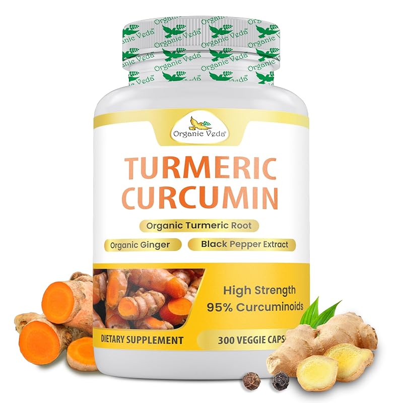 Organic Veda Suplemento de Cúrcuma e Gengibre com 740 mg de raiz de cúrcuma, 300 mg de extrato de cúrcuma e 95% de curcumina, 300 cápsulas