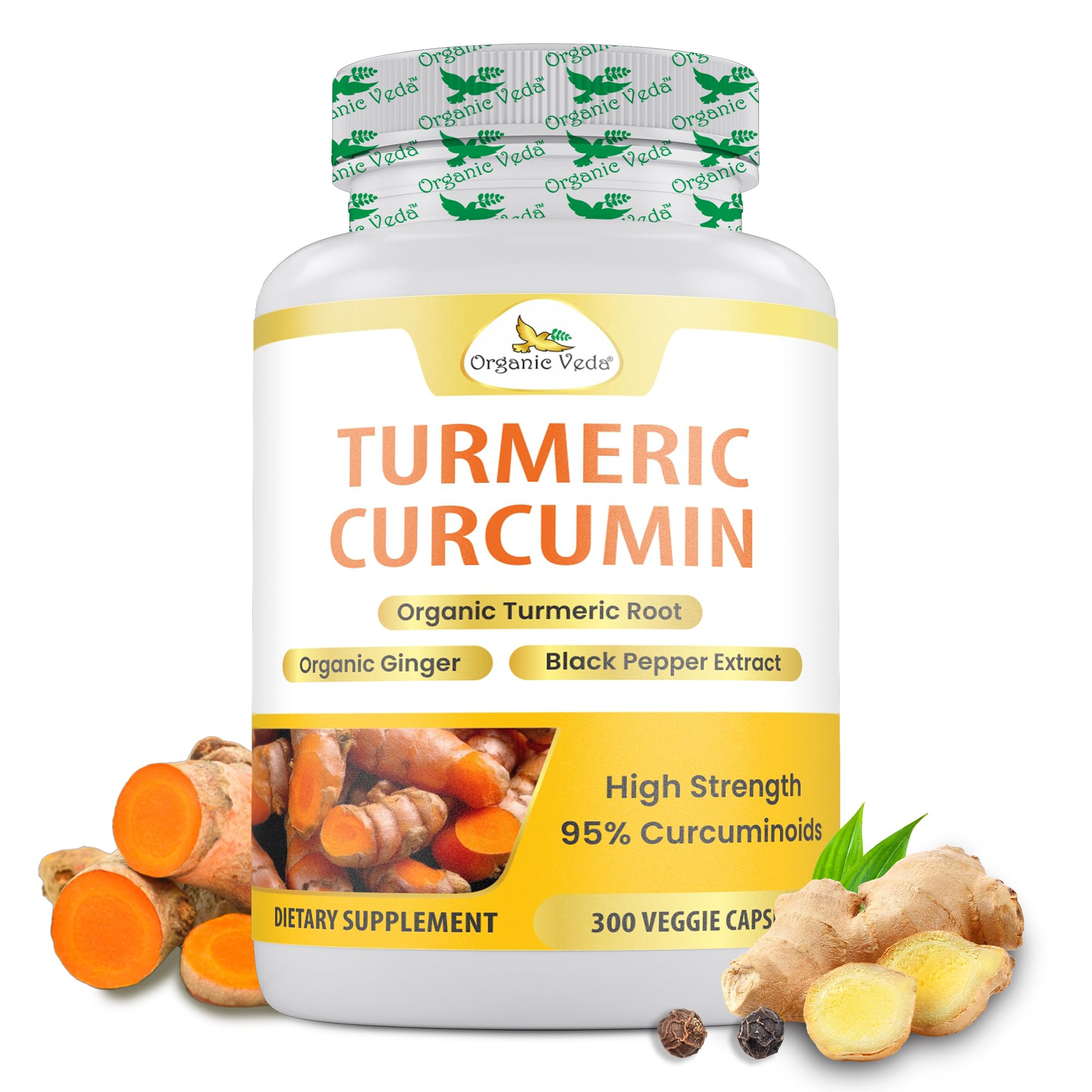 Organic Veda Turmeric and Ginger Supplement, 5 Months Serving, 300 Capsules – 95% Curcumin Organic Turmeric Root with Black Pepper Extract for High Absorption – Joint Comfort & Antioxidants Complex Turmeric & Ginger Capsules (300 Count)