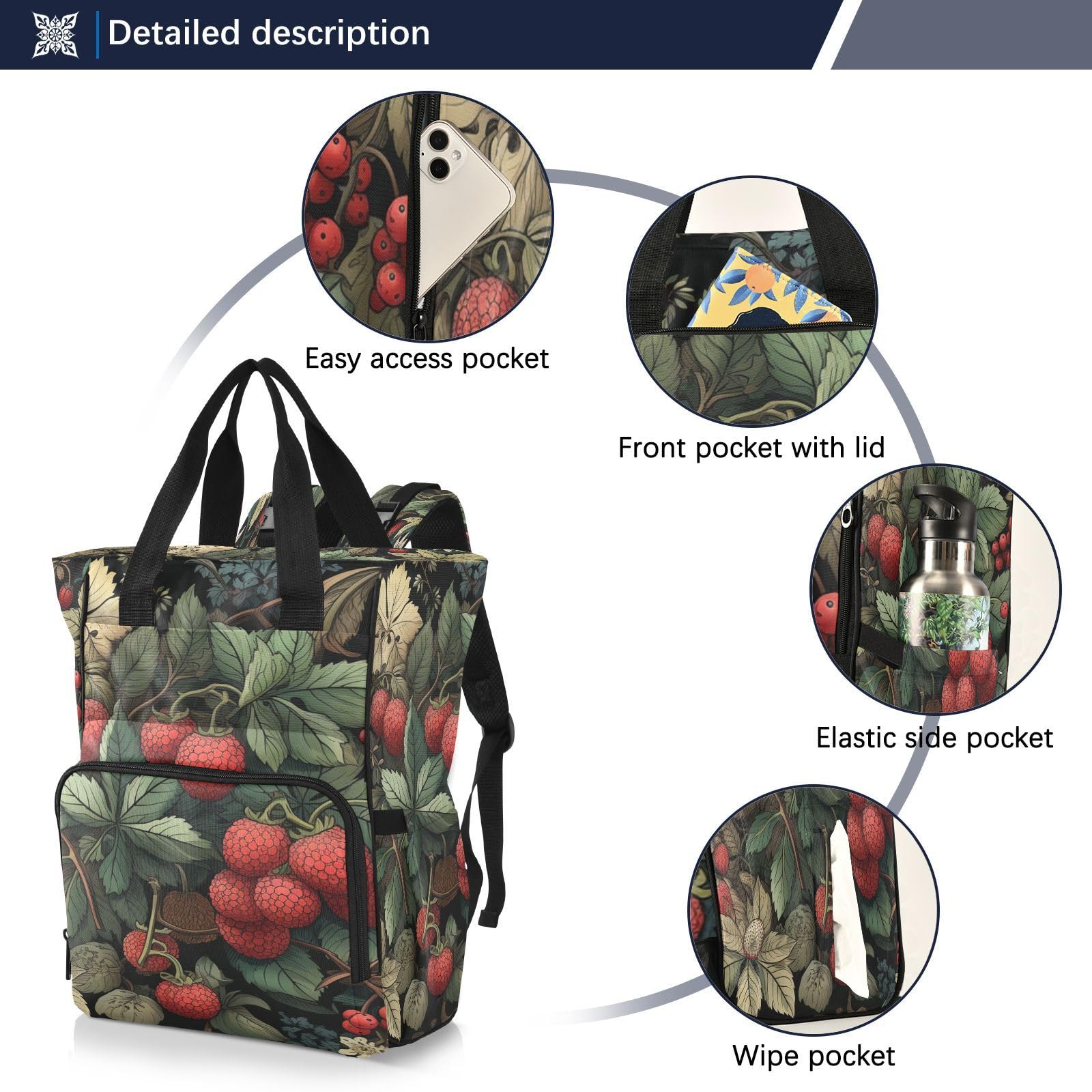 Fruta Baya Roja Bolsa de Pañales Mochila de Viaje Gran Capacidad Bolsas para Mamá Papá Mujeres Niñas