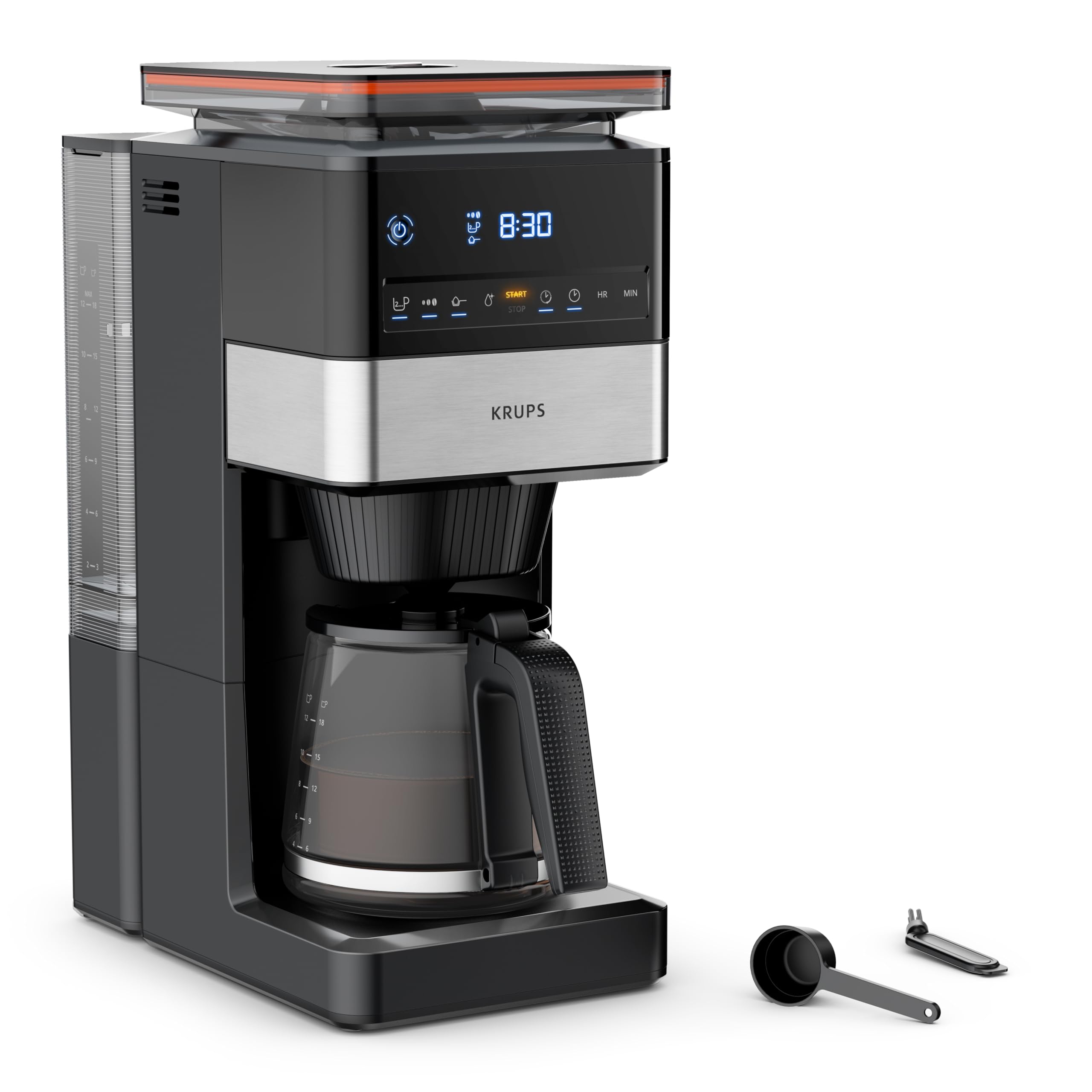 KRUPS Grind Aroma XL Filterkaffeemaschine, abnehmbares Kegelmahlwerk, digitales Bedienfeld, XL-Fassungsvermögen (1,5 L), Warmhaltefunktion, Glaskanne, Schwarz/Edelstahl, KM842810