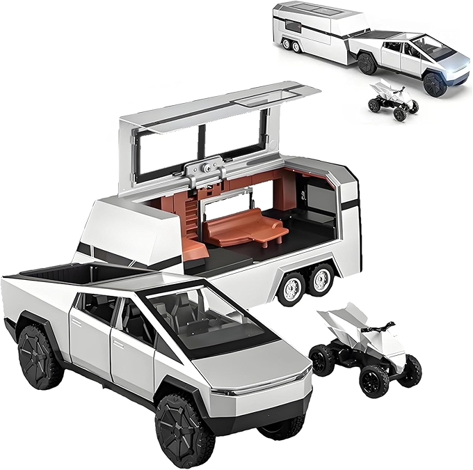 Cybertruck-Inspired Diecast Pickup with Camper and Motorcycle