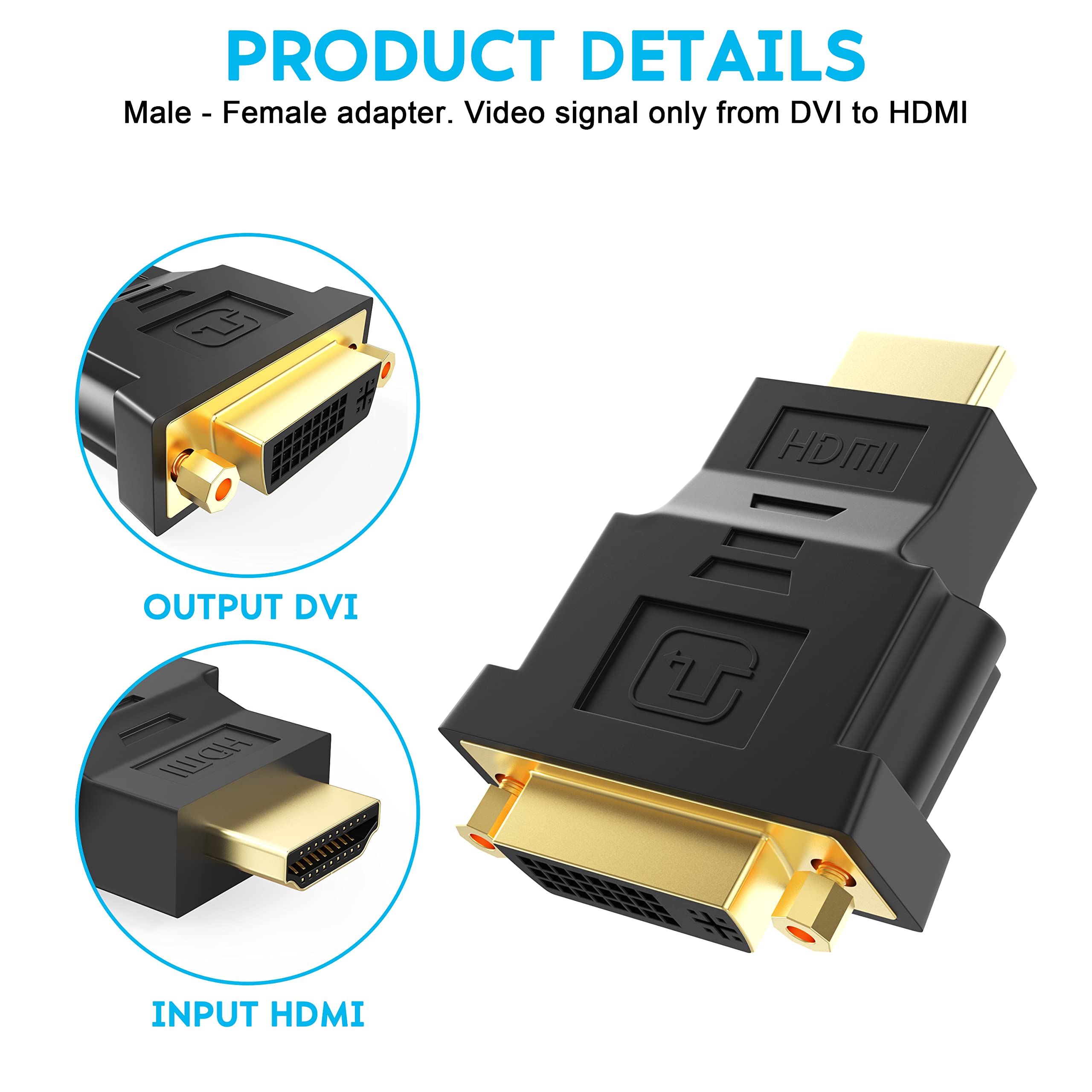 Adaptateur DVI Femelle Dual Link Vers HDMI Mâle NEWTOP Full HD 1080p - Noir Doré