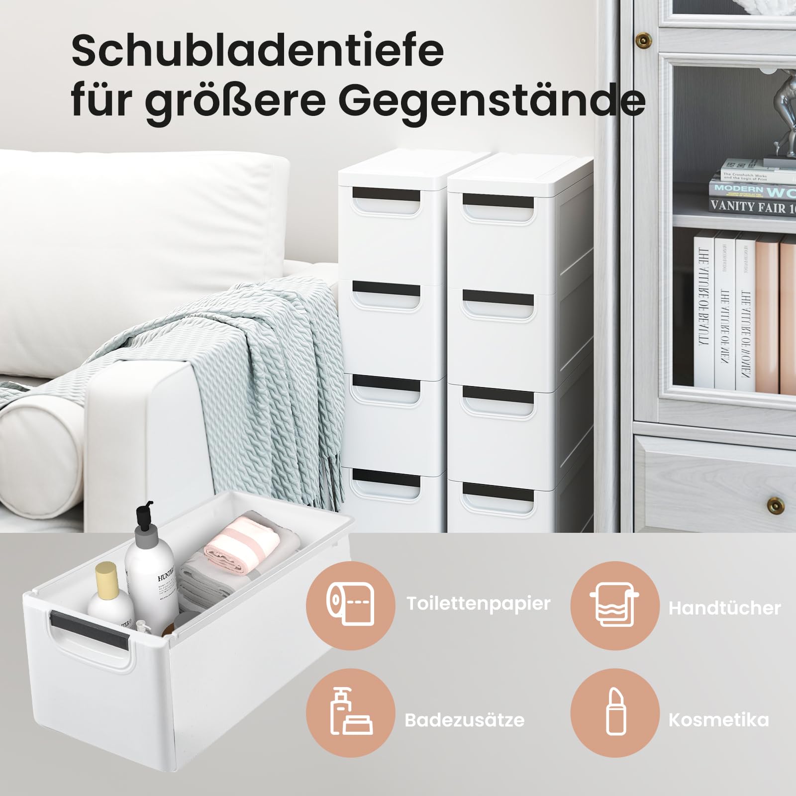 Schmaler Badezimmerschrank auf Rollen, Schmaler Badezimmerschrank mit 3/4/5 Schubladen, Mobiler Schubladenschrank, Freistehender Kompakter Schrank, Organizer für Wohnzimmer (5 Schubladen)