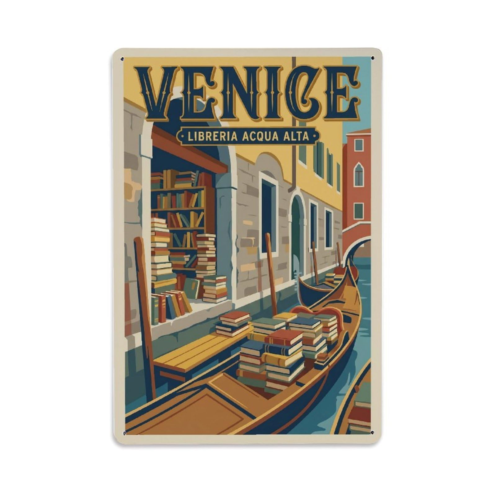 Vintage Travel Venice Libreria Acqua Alta Bookshop Canals Clean Italy Metal Tin Sign Plaque Wall Decor for Cafe, Club Bar, Office, Home Garden Metal Poster 8x12Inch