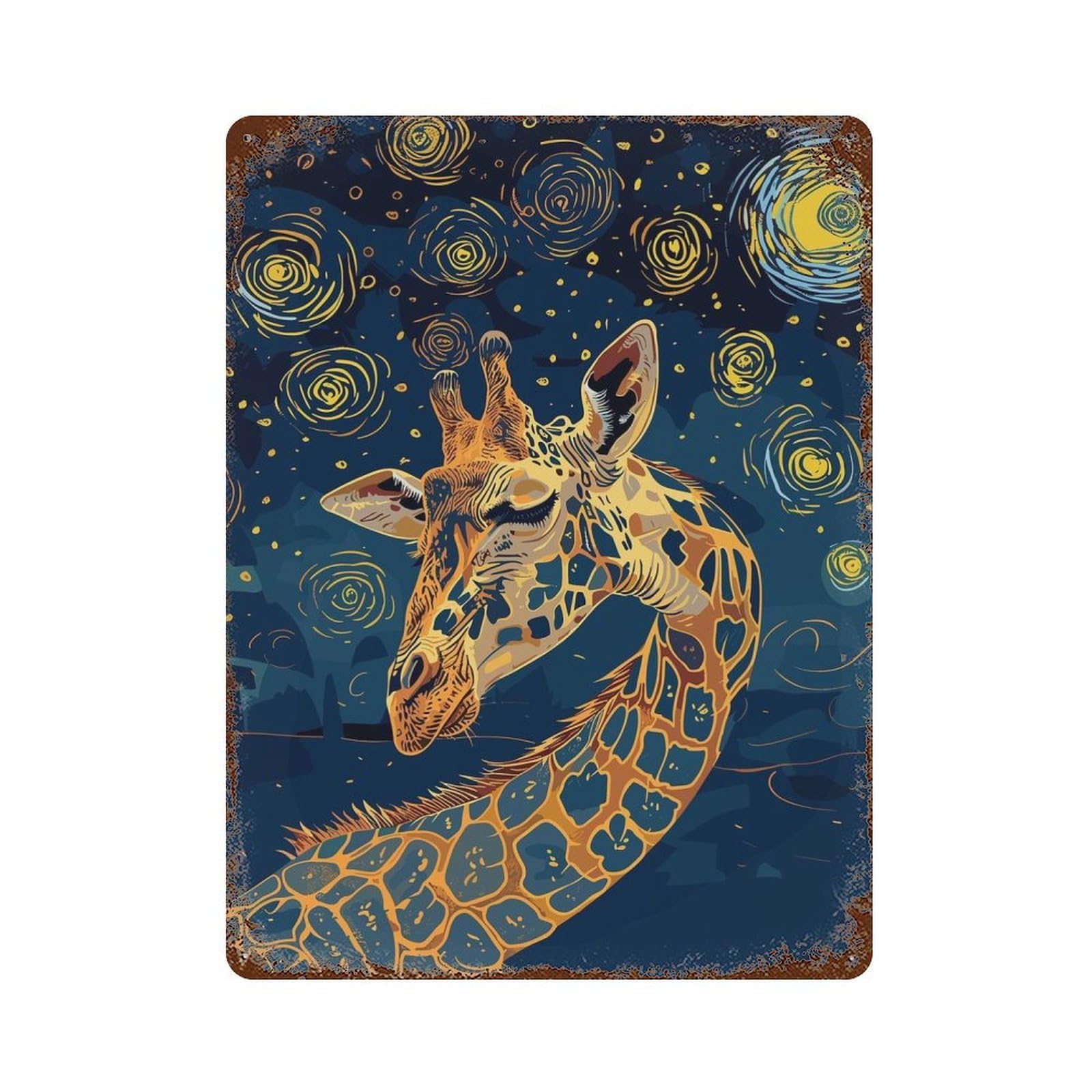 Giraffe in Starry Night Style 15.7"x11.8" Aged Metal Wall Plaque, Novelty Wall Decor for Shed, Workshop And Garage Wall Decor