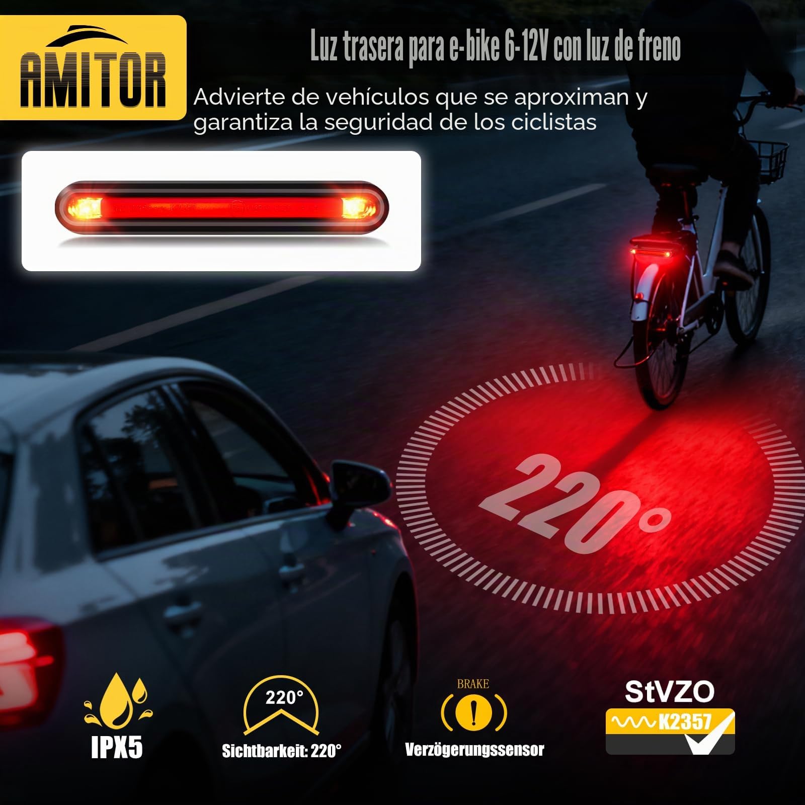 Ebike - Luz trasera para bicicleta eléctrica (6 – 12 V, con luz de freno, homologada por StVZO, luz trasera LED para bicicleta eléctrica con cable, luz trasera segura y fiable, portaequipajes)
