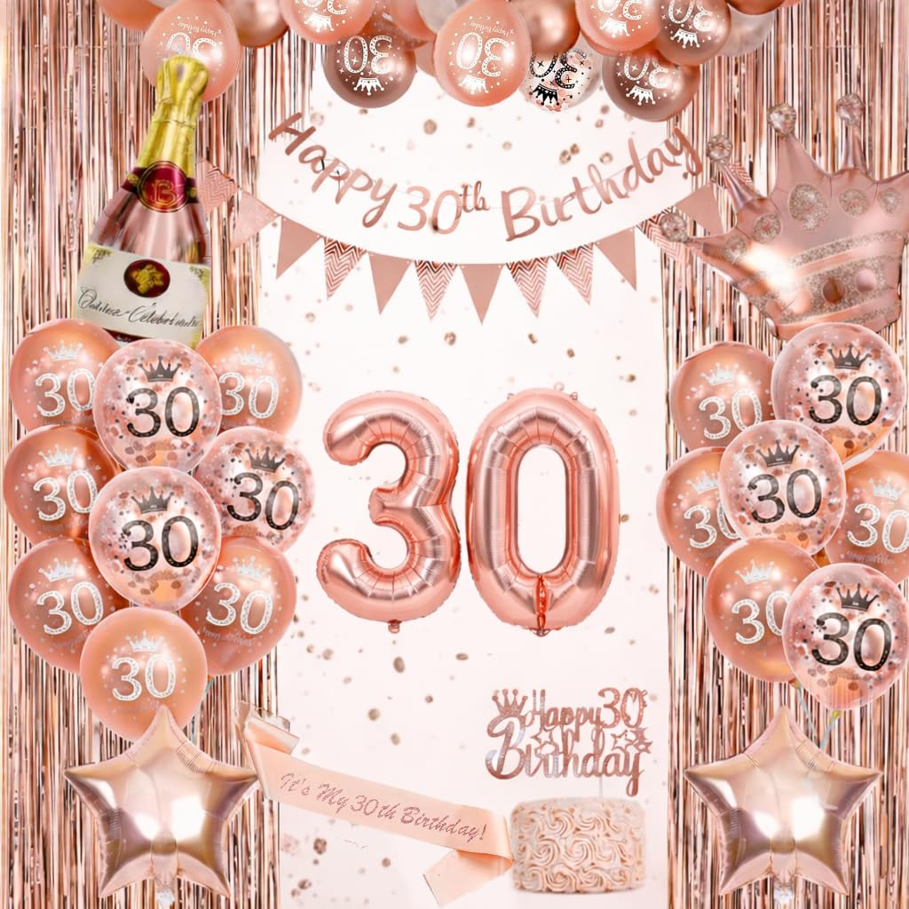 Omrel Rose Gold 30th Birthday Decoration for Women - Happy 30th Birthday Banner For Women, Triangle Flag Banner, Number 30th Birthday Balloons, Foil Curtains for Party Decorations