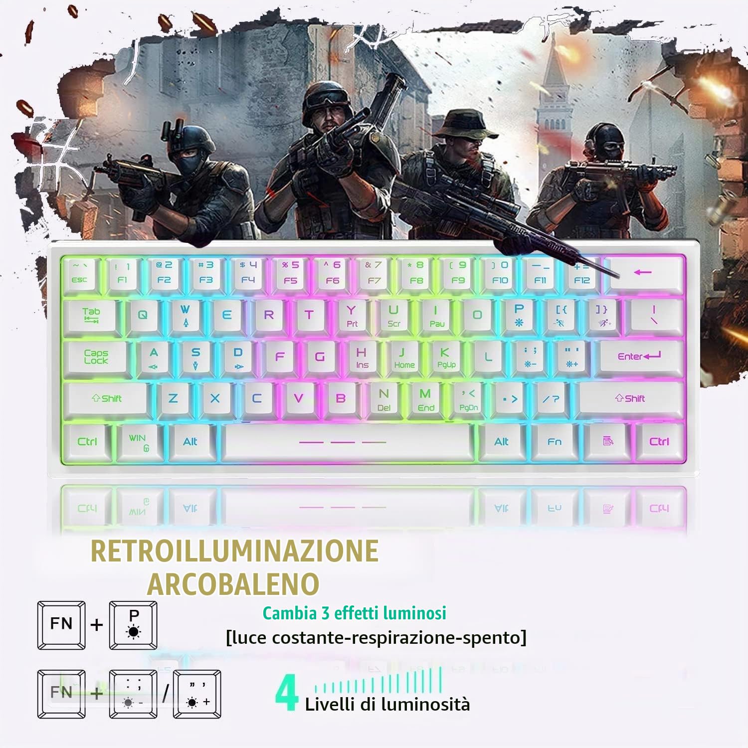 Set Tastiera E Mouse Da Gioco Wireless Compatti Al 60%, 3800mAh Type-c Ricaricabile RGB Arcobaleno Tastiera Illuminata Sensazione Meccanica Respirazione Retroilluminazione Mouse Luminoso Per PC-Bianco
