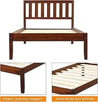 Vista 6 de SOFTSEA Twin Size Wood Platform Bed Frames with Under Bed Storage, Mid Century Twin Bed Frame with 1Headboard, Simple Twin Bed Frame, Walnut Nogal