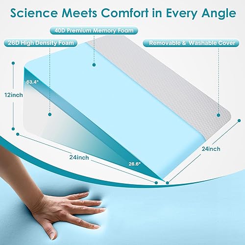Miniatura 4 de Almohada de cuña de cama de 12 pulgadas para dormir, leer y descansar, almohada inclinada de espuma viscoelástica refrescante para adultos mayores,