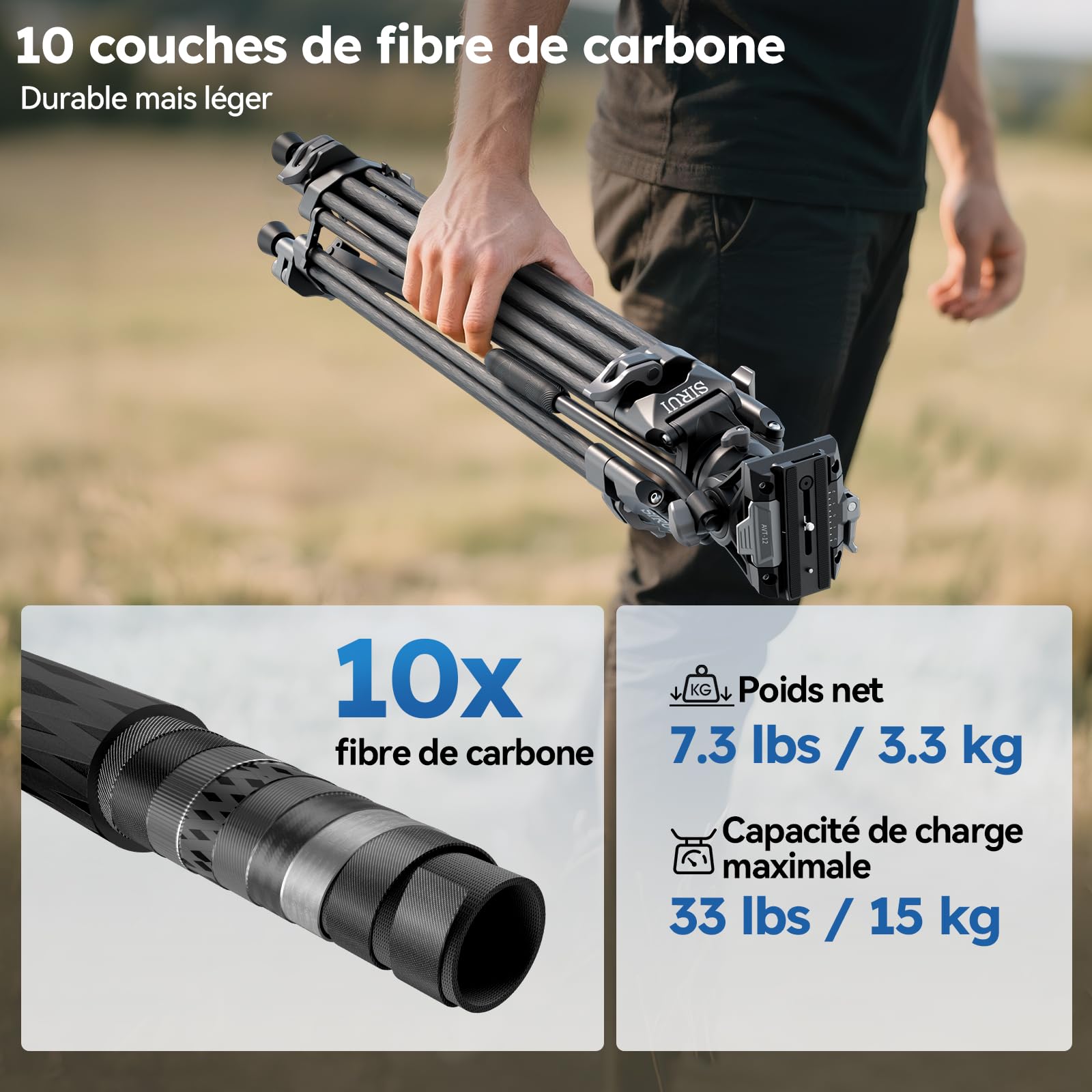SIRUI Trépied Vidéo en Fibre de Carbone à Dégagement Rapide, 185cm Trépied Robuste avec Tête Fluide et Système de Verrouillage Rapide en Une Étape, pour DJI et pour Manfrotto, Max 15 kg, AVT-12