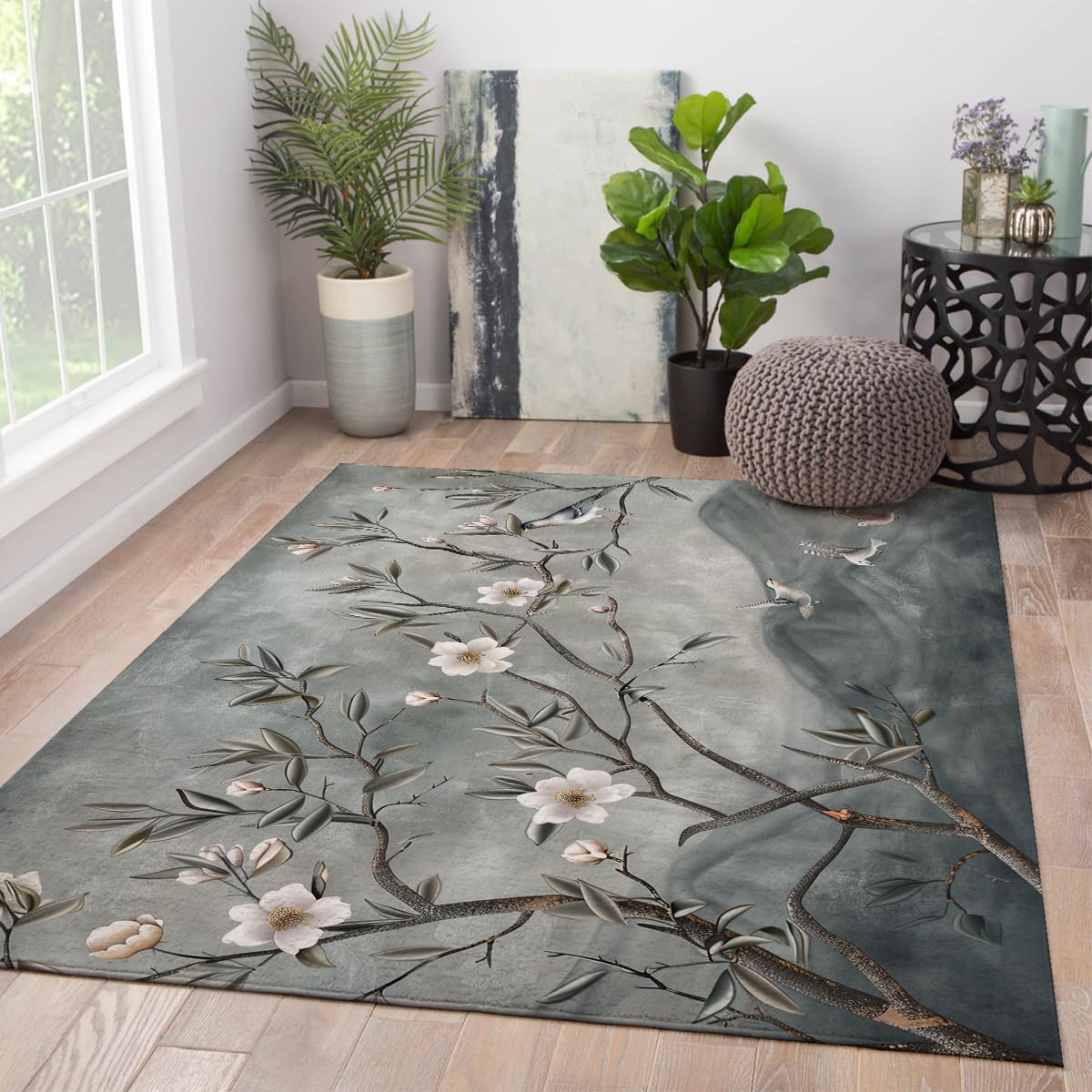 Tapis pour salon et chambre 180x270 lavable style chinoiserie gris décor moderne