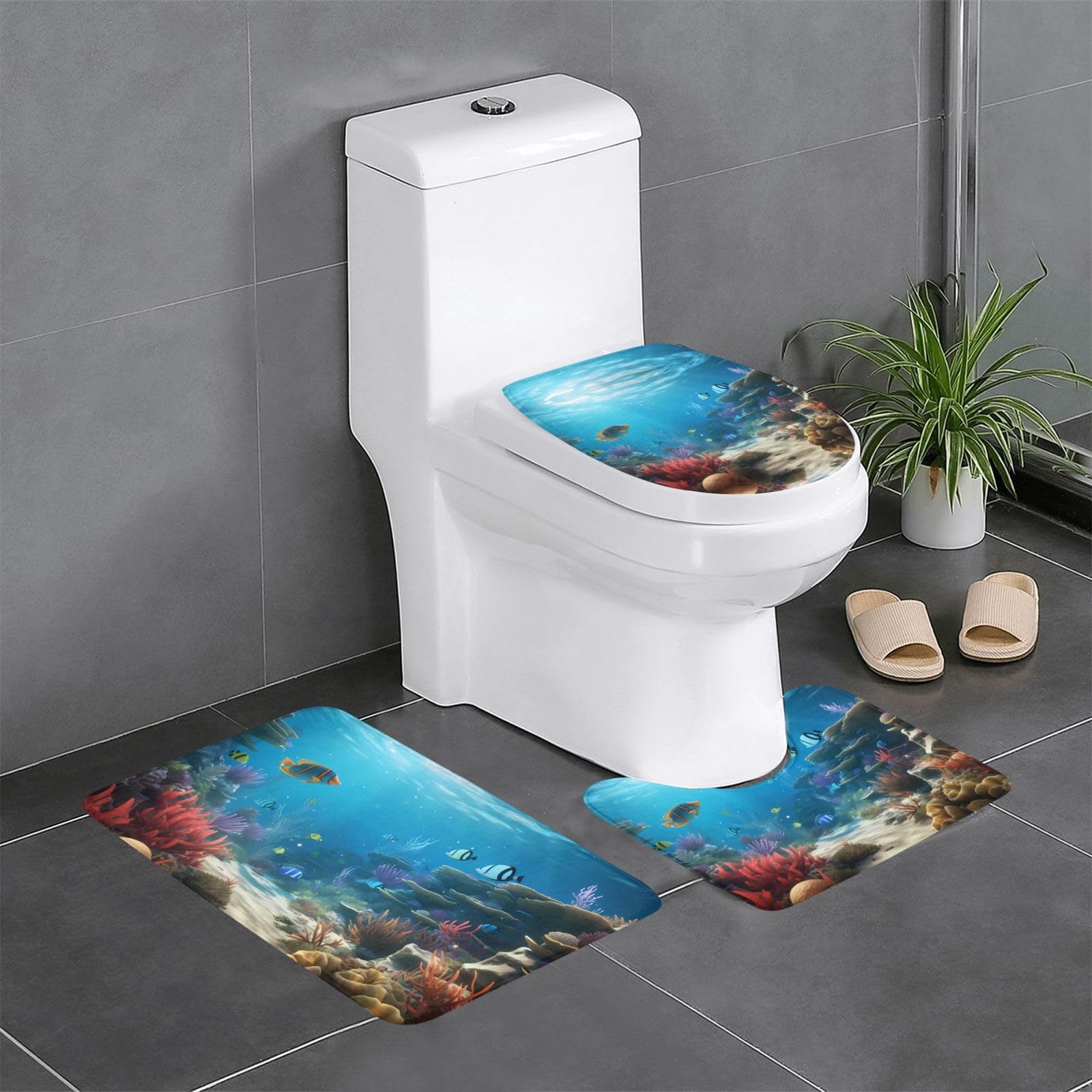 Tapis de salle de bain poisson et océan bleu lot de 3 pour toilettes et coiffeuse