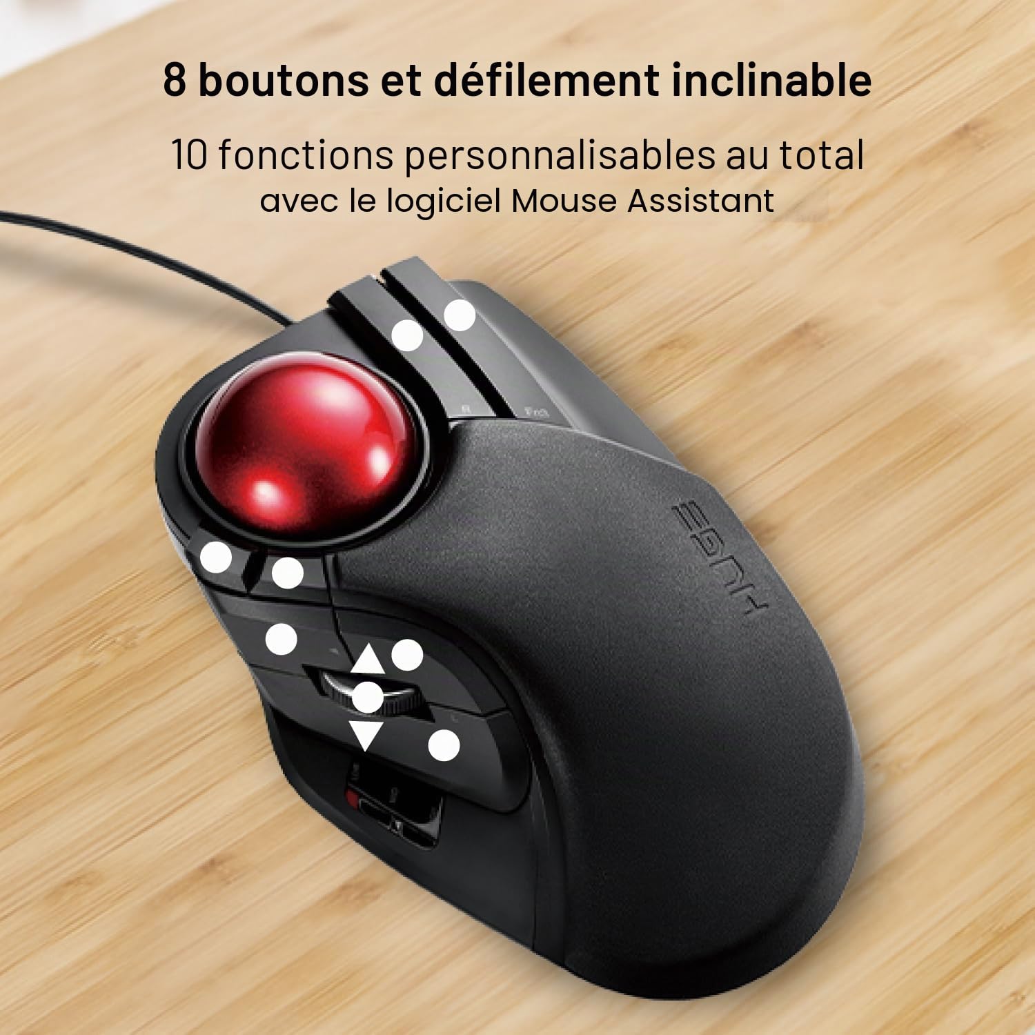 ELECOM Grande Souris trackball Filaire avec Fonction à 8 Boutons, Repose-Poignet attaché, Boule Rouge Lisse Windows11, macOS (M-HT1URBK)