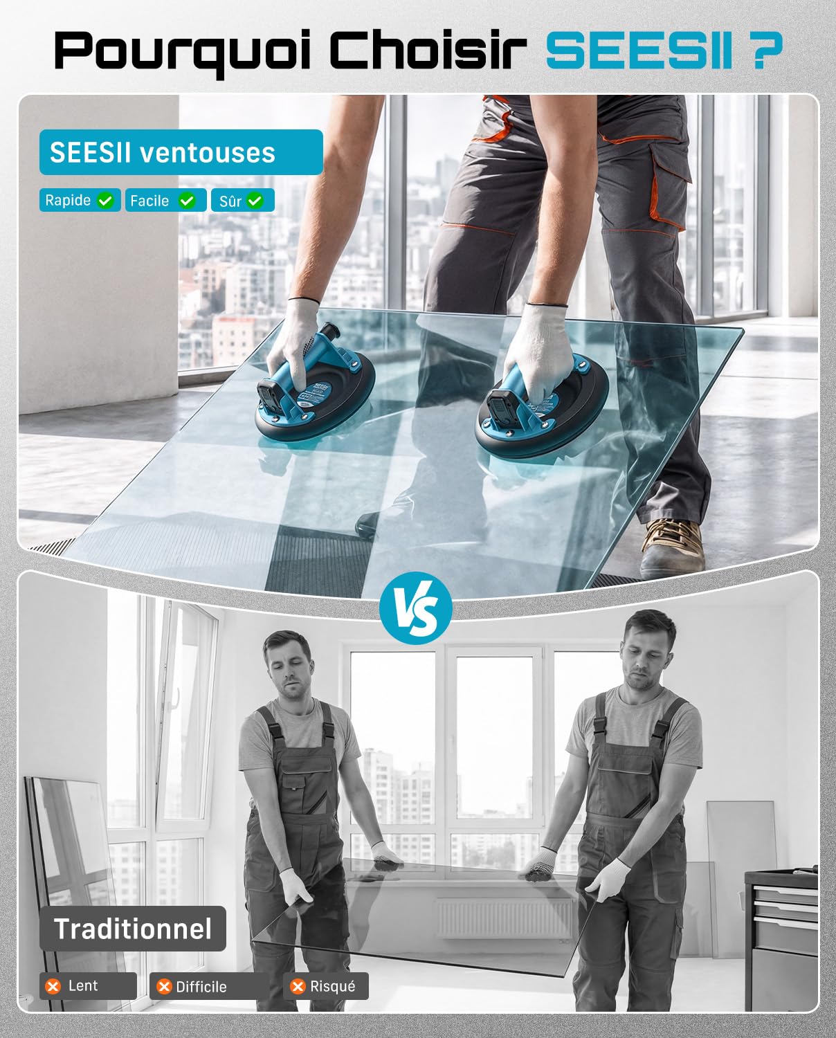SEESII Ventouse Carrelage, 2 Pièces 8" Ventouse Vitre Professionnelle avec Pompe ABS + Poignée, Charge 200 KG, Ventouse de Levage pour Pierre, Granit, Fenêtres et Tôles Métalliques