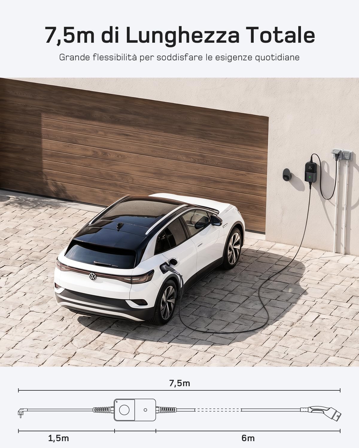 dé 3,7kW Typ 2 Ladekabel Schuko mit APP, EV Charger mit 7,5m Kabel, 6-16A