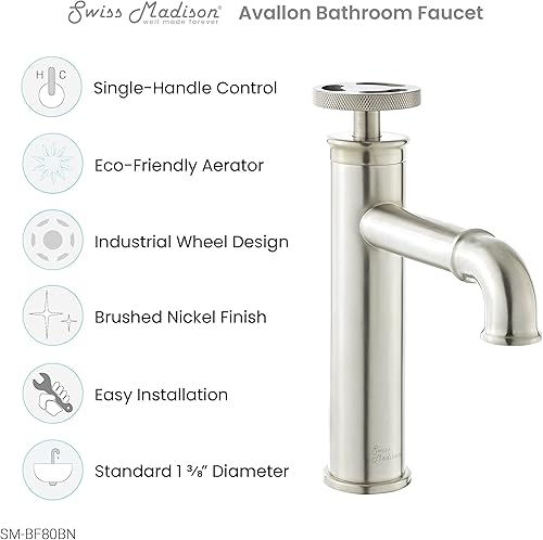 Miniatura 5 de Swiss Madison Avallon - Grifo de baño con un solo agujero, rueda de una sola manija, níquel cepillado