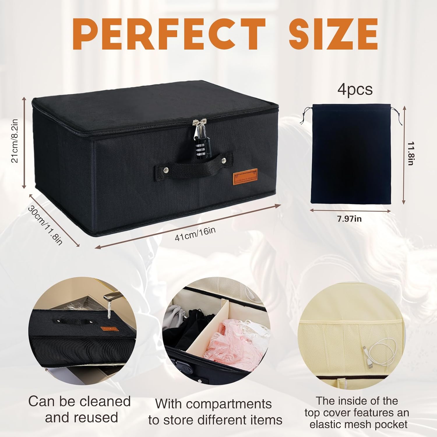 Locking Game Toy Storage Organizer Lock Box Toy Storage Bins Game Toys Storage Bags with 4 Drawstring Bags, Large capacity 16 x 11.8 x 8.2 Inches (Black)