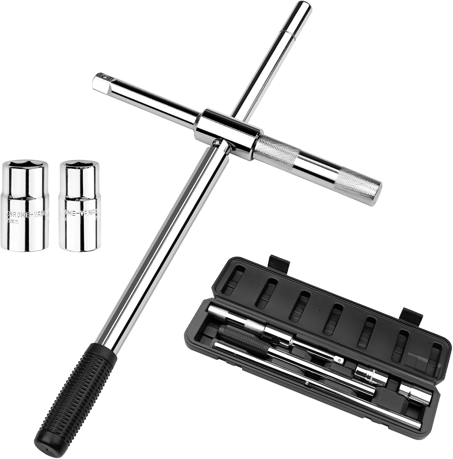 Donext Extended Lug Wrench, 4 Way Tire Iron for Car, Lug Nut Removal Tool with 1/2" Drive, 17/19/21/23mm Sockets and Storage Case, Heavy Duty Tire Wrench
