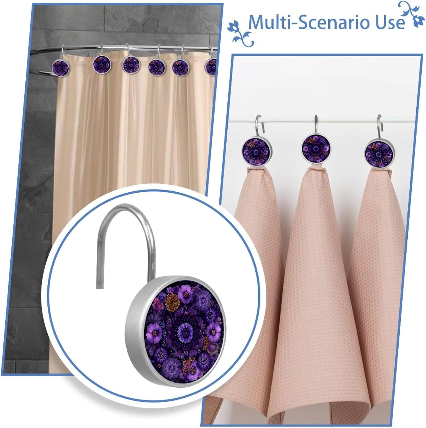 Purple Round Hipple Mandala Floral Flowe Round Crystal Glass Decorative Shower Curtain Hooks with 3D Pattern Visual, Rust Proof Shower Curtain Rings-12 Pack