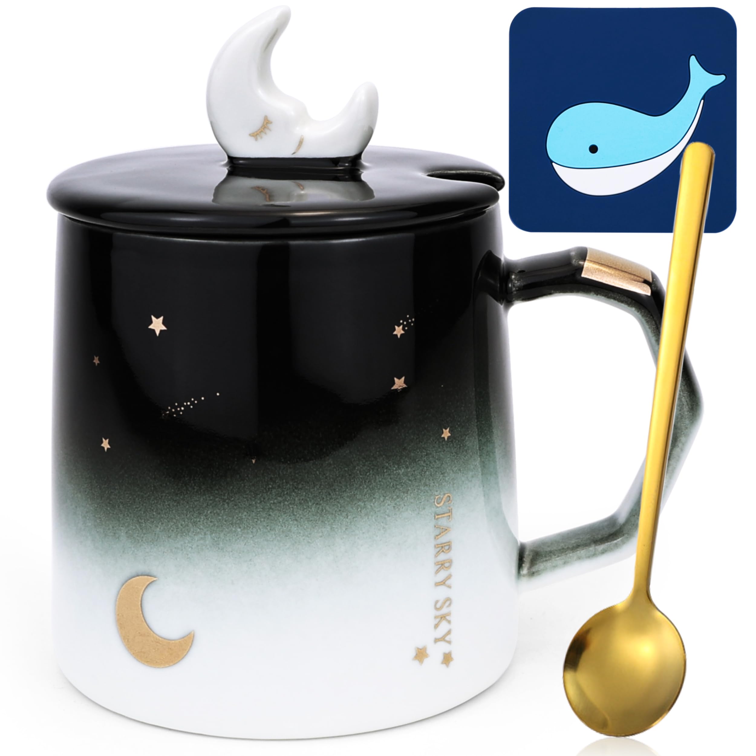 Kawaii Cute Coffee Mug with Lid and Spoon 420 ml/14 oz Kawaii Moon Star Ceramic Mug Tea Coffee Cup for Chocolate Milk Latte Cappuccino Funny 14oz 3D Coffee Mug Gifts for Women Girls