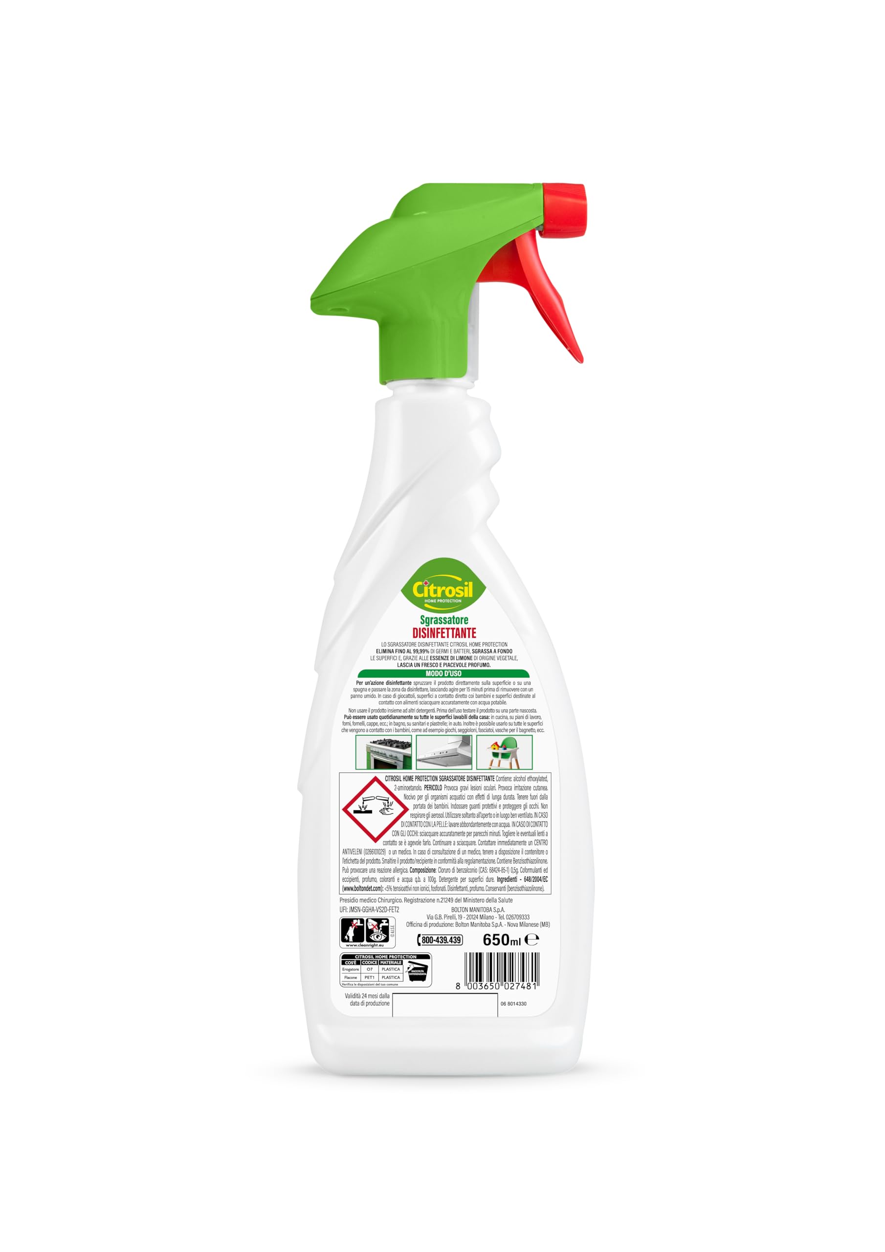 Citrosil Sgrassatore Disinfettante Superfici, essenze di limone, 650 ml x12 | Sgrassa a fondo ed elimina fino al 99,9% di germi e batteri. Grazie alle essenza di limone lascia una piacevole profumo