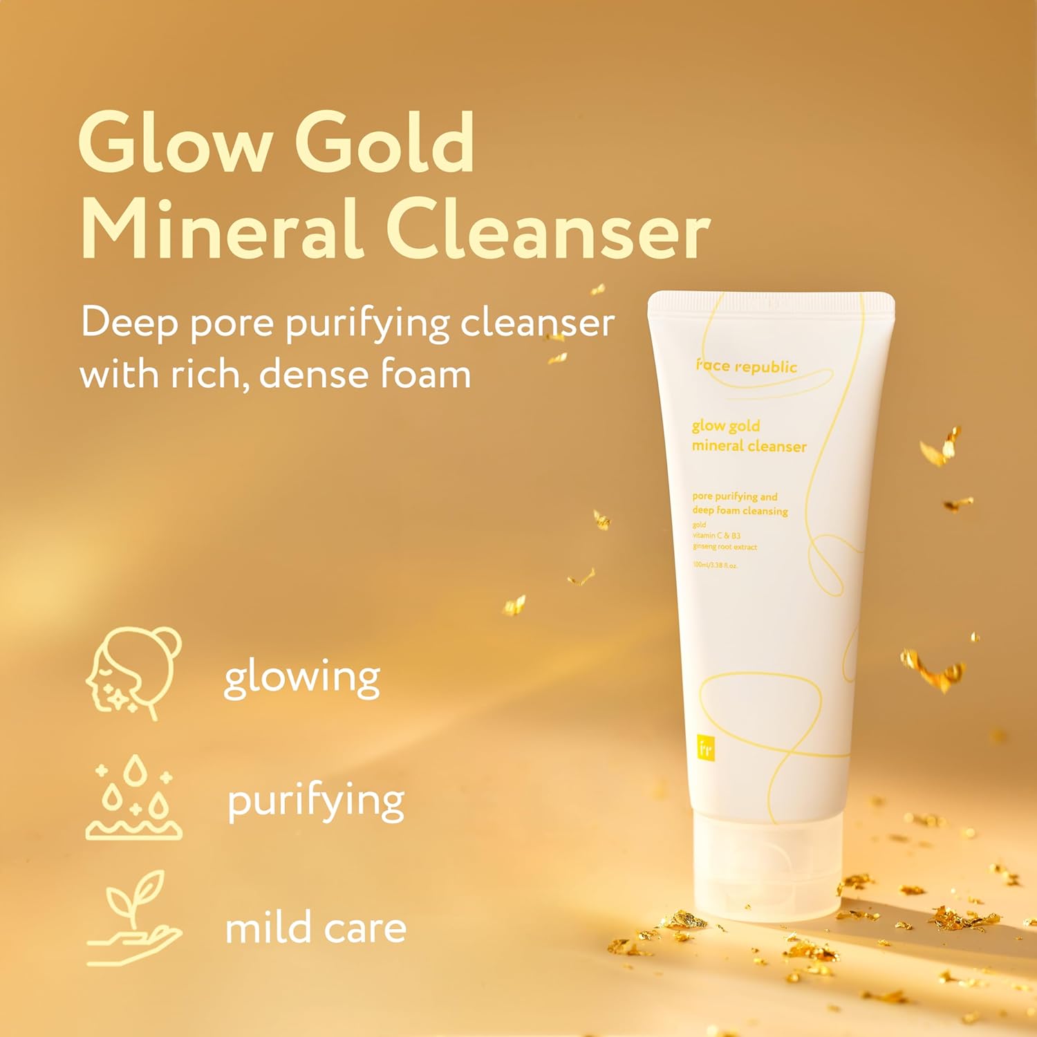 Face Republic Glow Gold Mineral Cleanser 100ml 3.38 fl oz | Deep Pore Purifying Foam | Vitalizing for Dull Skin | Gold, Rice Bran, Ginseng, Vitamins, Niacinamide | Vegan Korean Skincare - Image 2