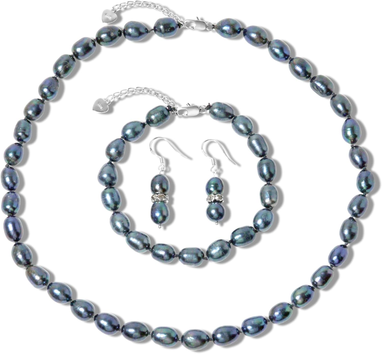 Exquisite AAA+ Genuine Freshwater Pearl Jewelry Set – Necklace, Bracelet & Earrings in White, Black, Pink, or Lavender – Elegant Gift for Women