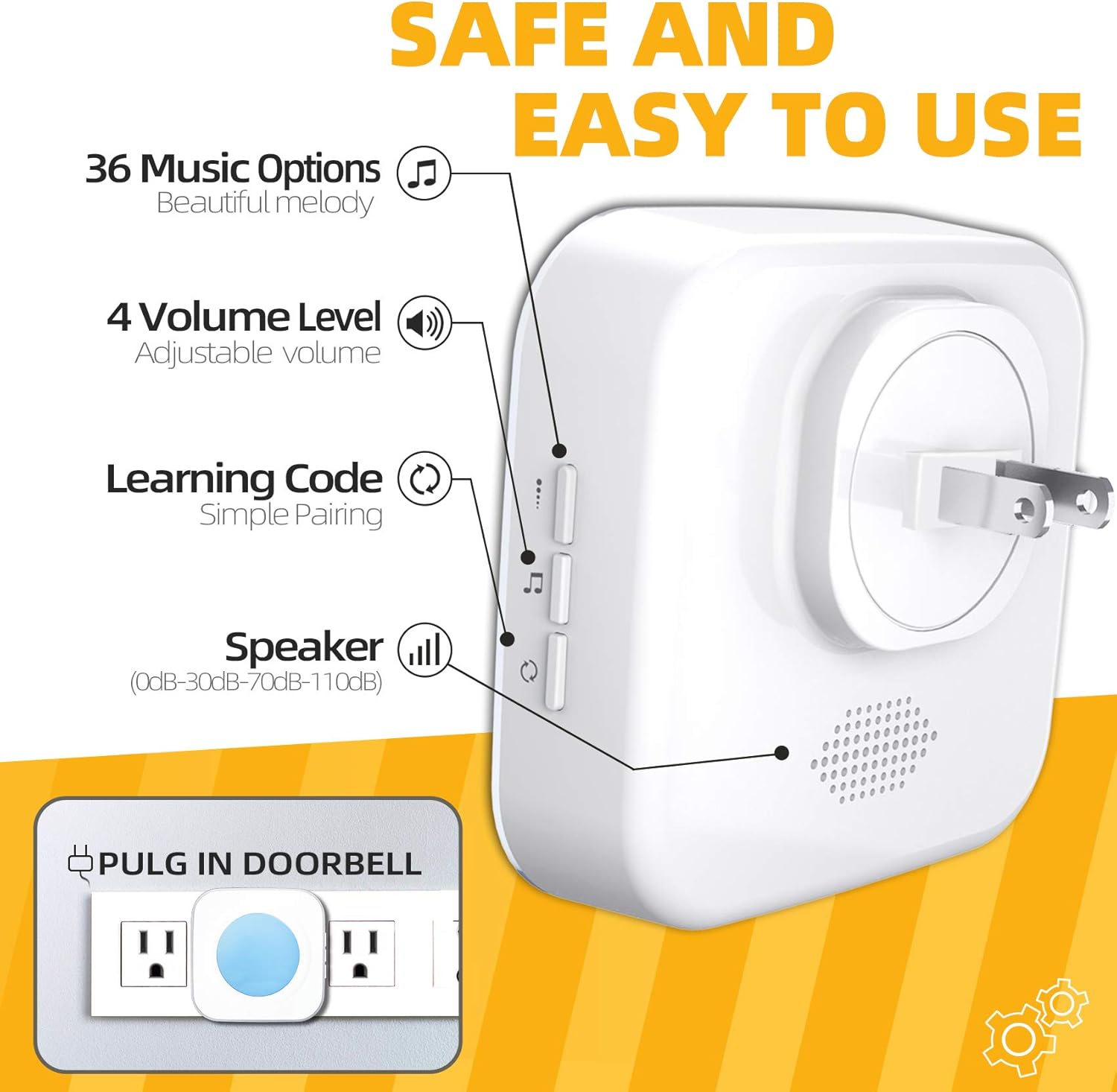 Wireless Doorbell 1200Ft Door Bells for Home with Flashing Light Hearing Impaired Door bell 1 Battery Button & 3 Plug in Receivers for Home Classroom Room Office