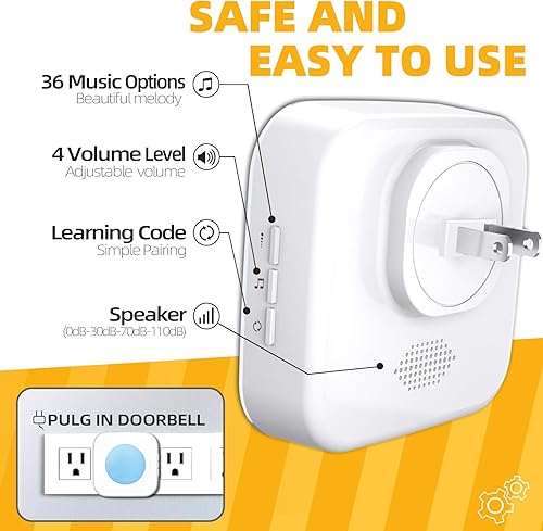 Miniatura 5 de Timbre inalámbrico de puerta de 1200 pies para el hogar con luz intermitente para discapacidad auditiva, 1 botón de batería y 3 receptores