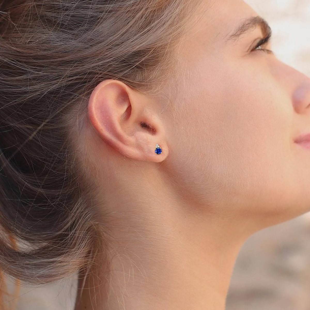 Diamonds and Genuine Gemstone Stud Earrings, 3 Natural Round Shaped Diamonds Set Above a Natural Gemstone, 14K Rose Gold/14K Gold/14K White Gold, 4.5mm Stone (0.03 cttw)