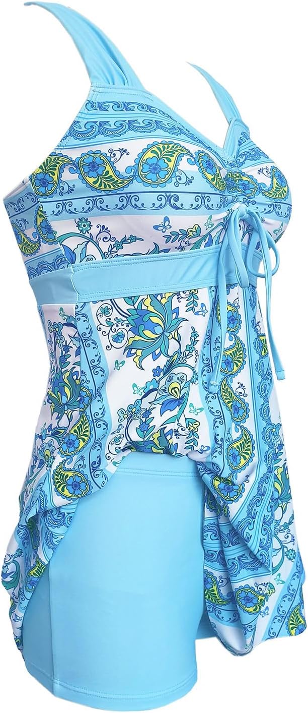 Lu's Chic Women's 2 Piece Tankini Swim Dress Skirted Bathing Suit Modest Ruched Padded Criss Cross Back Swimdress