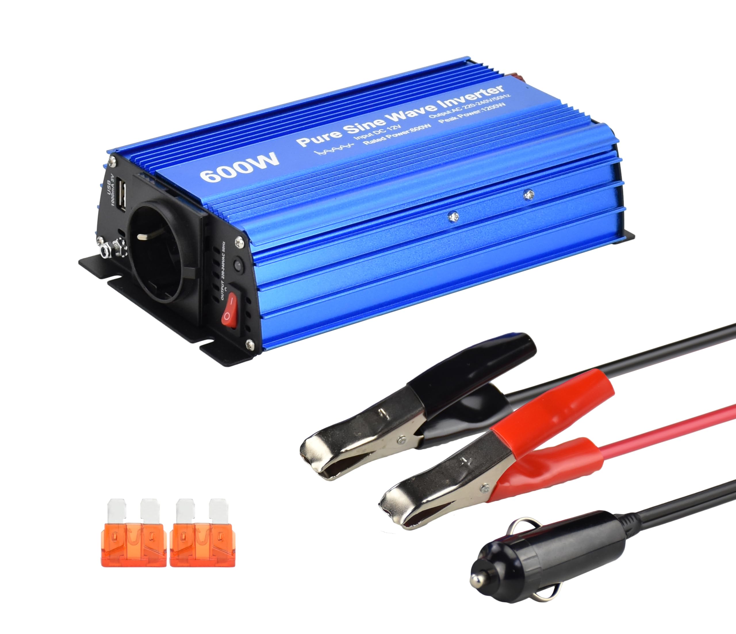 Inversor de onda sinusoidal pura de 600 vatios con enchufes alemanes, salida USB DC 5 V 2 A (600 W)