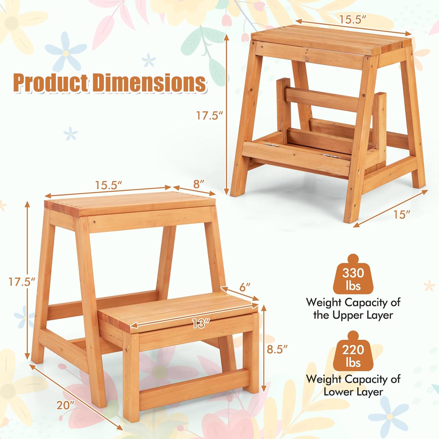 S AFSTAR Folding Plant Stand, 2-Tier Wooden Step Ladder Flowerpot Shelf, Multipurpose 2-Step Ladder Wood Stool Plant Rack, Indoor Outdoor Plant Display Shelf for Garden Balcony Living Room Home