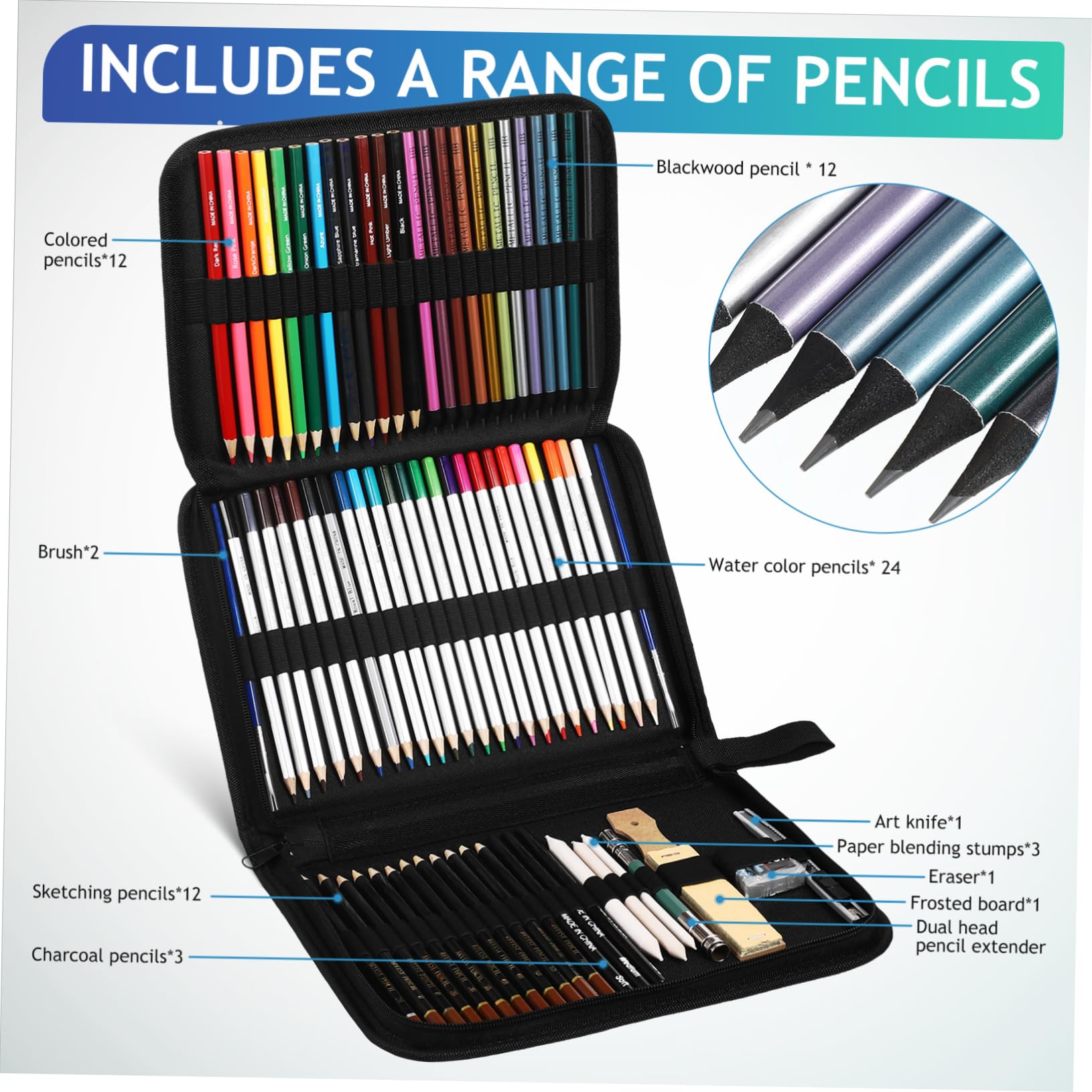 DIYEAH Set de Crayons de Couleur Aquarellables en Bois Trousse Zippée Pratique pour Dessin et Croquis en Extérieur, Portabilité Facile et Outils Complets