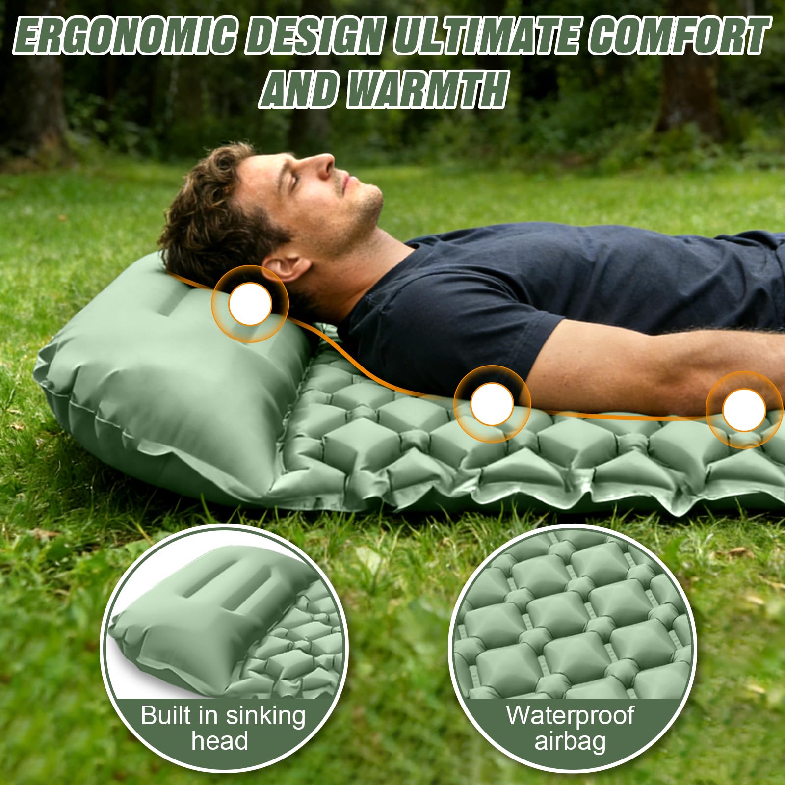 Materassino Campeggio Autogonfiante, Ultraleggero Materasso Gonfiabile Campeggio con Cuscino, Portatile Materassino Autogonfiabile per Escursionismo, Trekking, Tenda(Verde) - 4