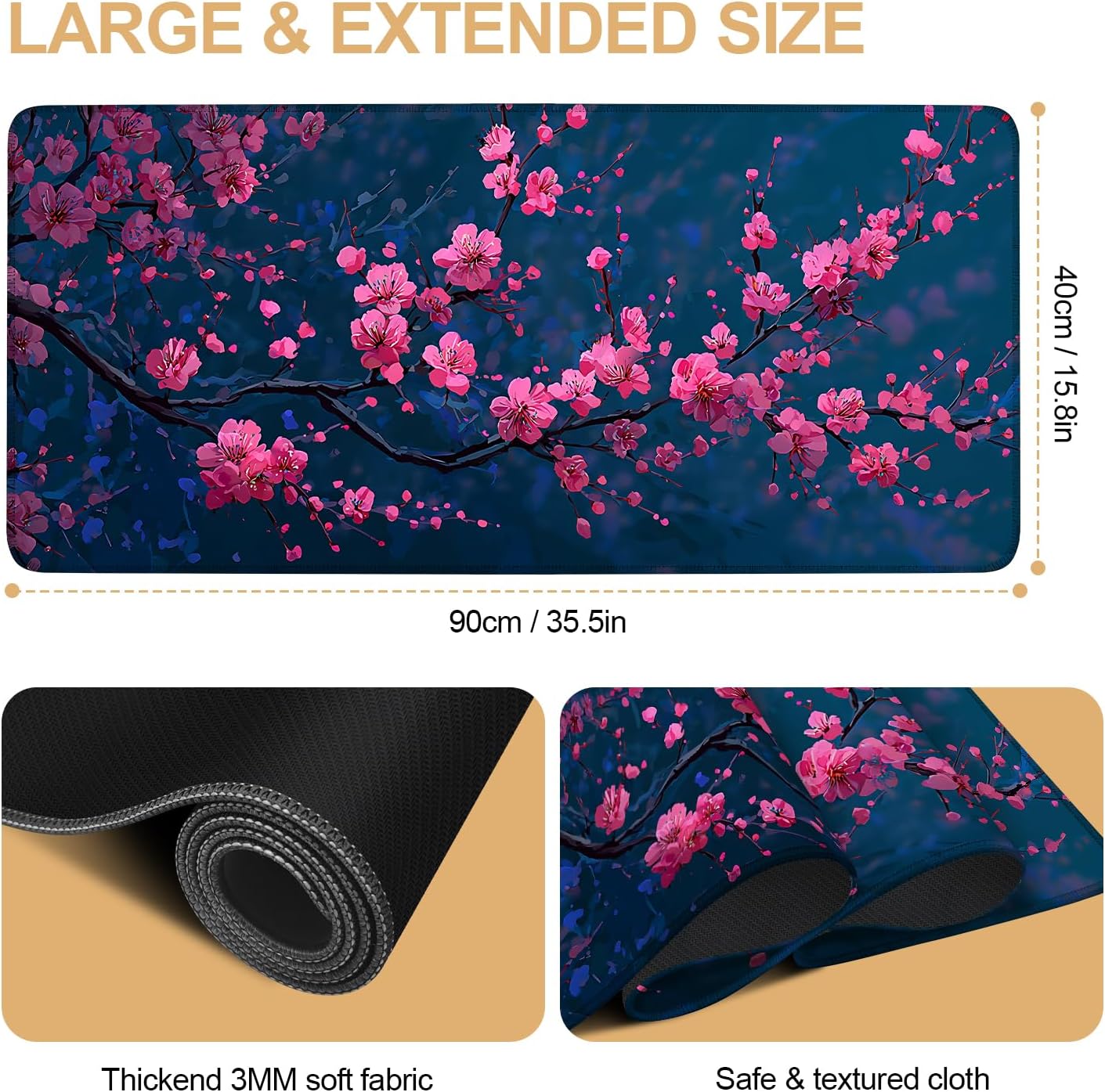Elegant Cherry Blossom Mouse Pad –35.43" x 15.75" Extended Desk Mat with Pink Peach Blossoms on Deep Blue Background – Large Non-Slip Surface for Home & Office Use