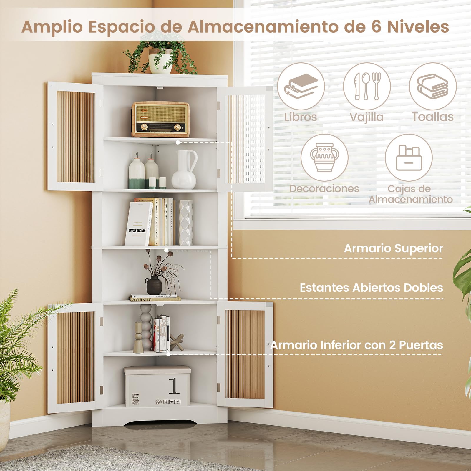 COSTWAY Armario Esquinero Alto de Baño, Mueble de Baño Triangular con 4 Puertas de Vidrio Templado, Estantes Ajustables, Gran Armario Despensa Independiente para Cocina Comedor (Blanco)